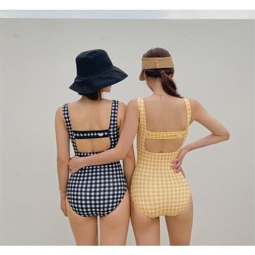 Korean Swimwear One Piece Swimwear Women Plaid Swimwear Swimsuit Padded Bathing Suit sexy Monokini Beachwear Summer