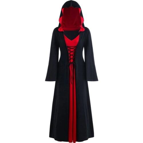 Halloween Costumes for Women Womens Plus Size Hooded Dress Lace Up Patchwork Long Sleeve Cosplay Vintage Witch Dress