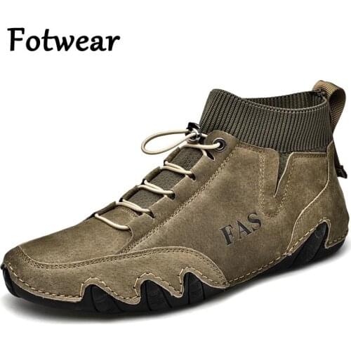 Genuine Leather Men Casual Shoes High Top Mens Sneakers Big Size 46 Outdoor Men Ankle Boots Army Green Slip On Zapatillas Hombre