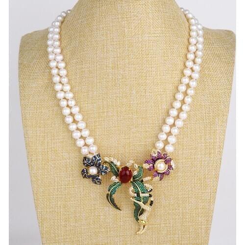 21" 2 Rows White Round Pearl Necklace Cz Pave Pendant