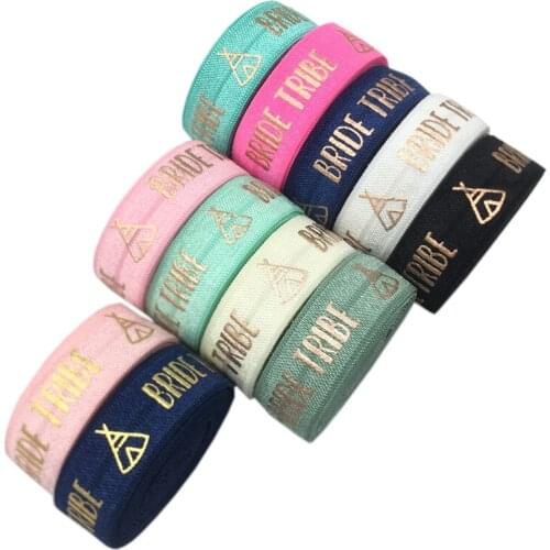 10Yards 15mm Rose Gold Foil Teepee BRIDE TRIBE Print Fold Over Elastic FOE Ribbon Webbing For Headwear Hair Sewing Accessories