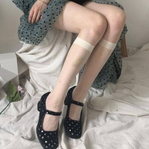 Summer Long Socks Knee Stockings JK Calf Socks Lolita Polka Dot Knee Socks White Black Silk Japanese Socks Thigh High Stockings