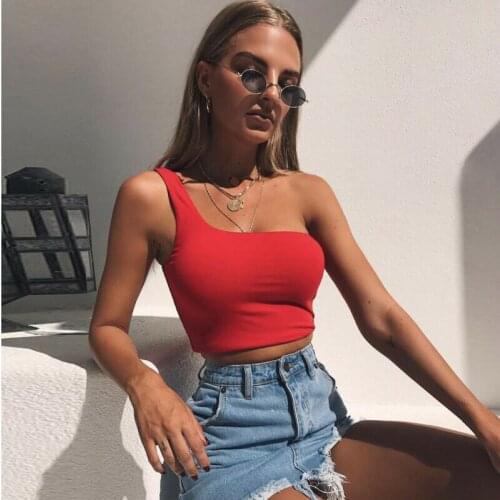 Women Sexy Cool Single One Shoulder Tank Tops Vest Bare Midriff Sleeveless T-Shirt Summer Beach Cropped Top
