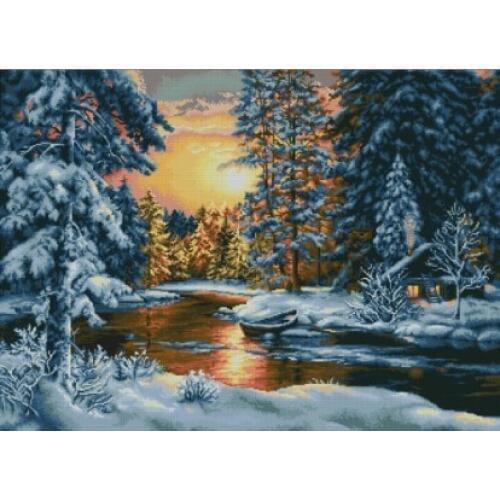Lovely Cute Counted Cross Stitch Kit Winter Landscape Landscapes Winter Evening Sunset Snow Lake Forest luca-s B477