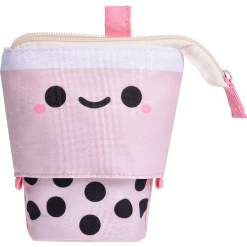 Cute Boba Milk Tea Telescopic Pen Bag Pen Pencil Holder Stationery Case Stand Up Pencil Case Pen Box Stationery Pouch Bag
