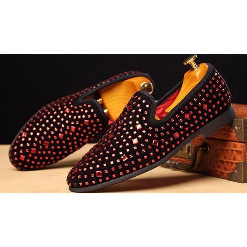 New Crystal Loafers Men Fashion Casual Rhinestone Red Blue Men Dress Shoes Christmas Party Man Moccasins Footwear Big Size 37-48