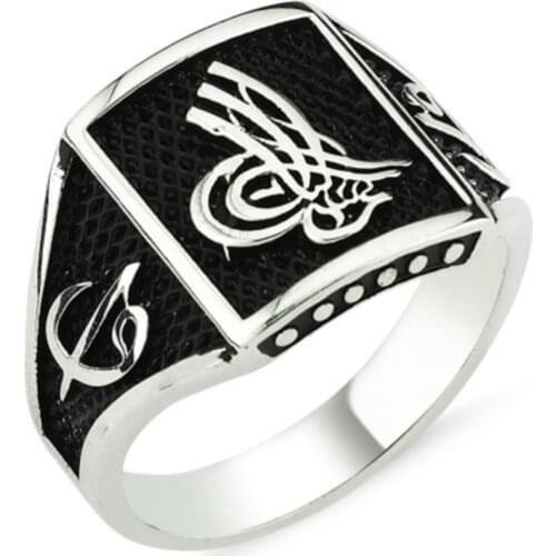 Solid 925 Sterling Silver Vav Elif Ottoman Sultan Tughra Square Shaped Men Ring