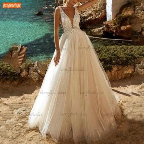 Tulle A Line Wedding Dress 2021 Hochzeitskleid V Neck Lace Appliques Corset Boho Suknia Slubna Backless Custom Made Bride Gowns