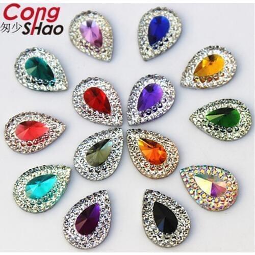 Cong Shao 200pcs 10*14mm Colorful Drop Flatback stones and crystals Resin Rhinestone trim costume Button DIY Decoration CS284