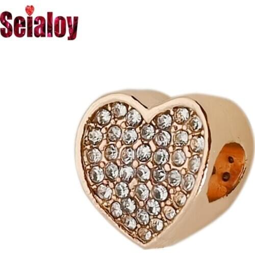 Seialoy Golden Shiny Rhinestone Heart Beads Charm Fit Bracelets & Necklace Diy Fine Jewelry Accessories New High Quality Beaded