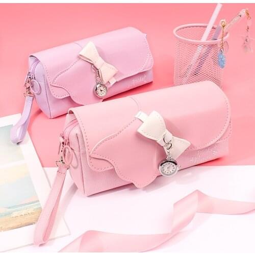 Kawaii Pencil Case Girls Stationery Box with Watch Pencil Case Large Capacity Storage Pencil Cases D50