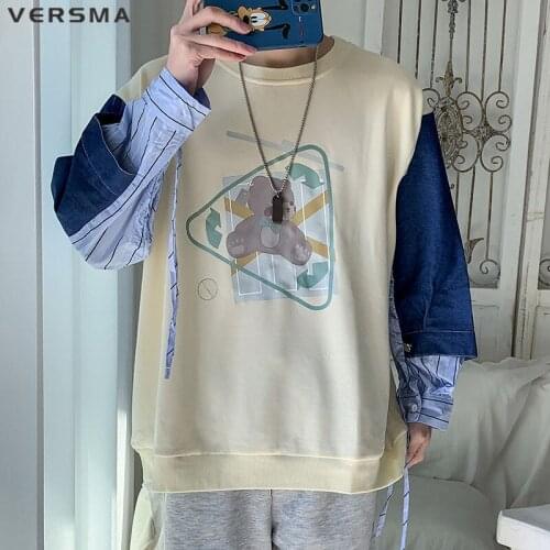 VERSMA Korean Harajuku Fake Two Piiece Hoodie Sweatshirt Men Autumn Oversized Denim Stitch Sweatshirts Men Pullover Dropshipping