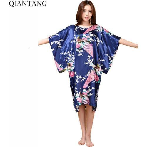 Navy Blue Womens Faux Silk Robe New Fashion Style Summer Bath Gown Nightgown Sleepwear Mujer Pijama One Size Flower Zh06E