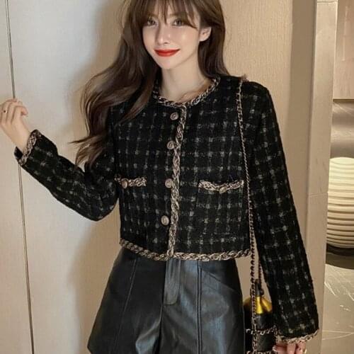 Korean Woolen Plaid Outwear Crop Top Vintage Fall Luxury Pocket Single Breasted Button Tweed Jacket Short Coat Women Long Sleeve