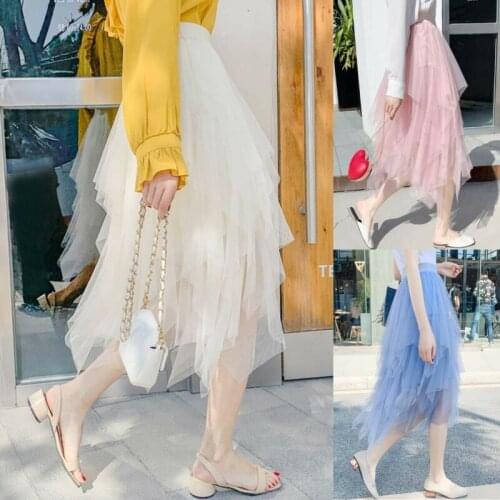 Women Irregular Tulle Skirt Summer Solid Color Mesh Ruffle High Waist Elastic Knee-Length Skirt Vintage 90s Streetwear