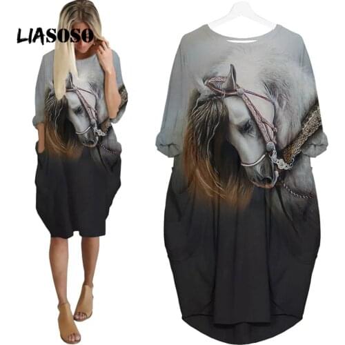 LIASOSO Street Interesting Fashion Animal Horse Dress 3D Print Girls Trend Wild Loose Long Sleeve Over The Knee Dress Womens Top