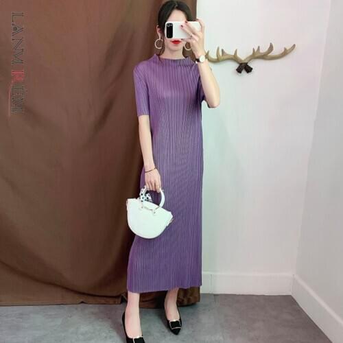 LANMREM Purple Stand-up Collar Short-sleeved Pleated Slim Plus Woman Bottom Dress Casual Simple Fashion 2021 autumn New TV734