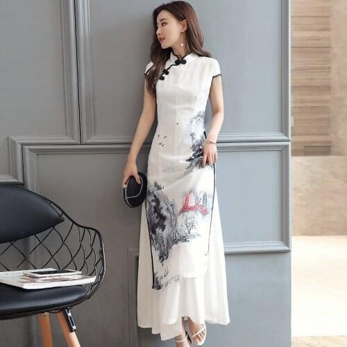 Summer Dress Chiffon 2021 Robe Vintage Chinese Style Dresses Slim Womens Clothing Landscape painting cheongsam qipao HB676