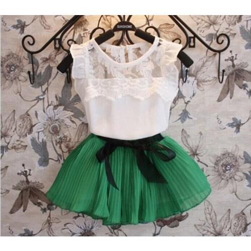 2021Summer Girls Green Sleeveless Childrens Floral Clothing Lace Chiffon Fold Skirt Girls Tops + Skirt 2 Sets Of Free Shipping