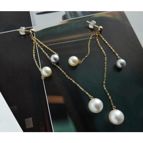 6.5-9mm Round Akoya Multicolor Pearl Long Drop Triple Earrings 14k Yellow Gold