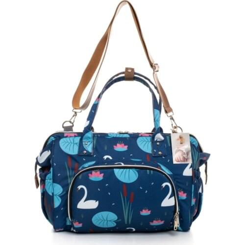 Elegance Anti-Stain Waterproof Navy Blue Mother Baby Care Shoulder And Hand Bag With Thermal Compartment Cute Swan Printed