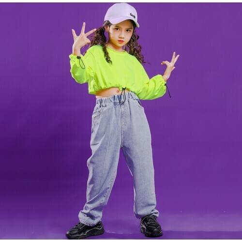 Fluorescent Green Crop Top Swaetshirt Jeans Children Girls Hip Hop Clothing Kids Jazz Hiphop Dance Costume for Stage Competition