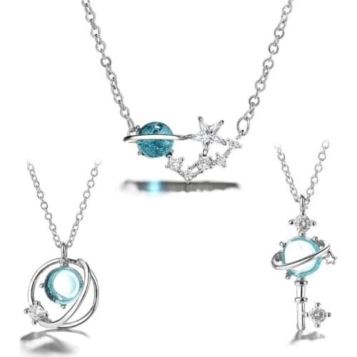 3 Style Fairy Sea Blue Moon Star Earth Starry Sky Pendant Necklace Kit Dainty Astronomy Key Crystal Necklace Set Jewelry