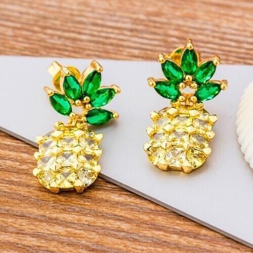 Hot Sale Summer Lucky Jewelry Fruit Pineapple Drop Earrings Copper Cubic Zirconia Personality Ornaments For Beach Birthday Party