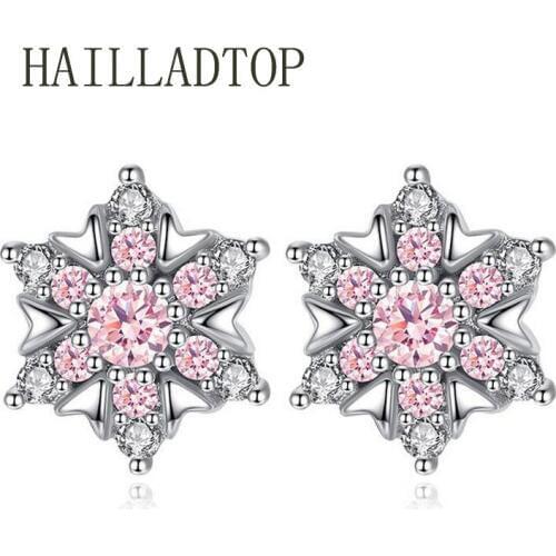 Cute Pink Crystal Earrings Pendientes Mujer Moda Men Bijoux Stud Earrings Shining Anise Snowflake Earrings Piercing Gift Unisex