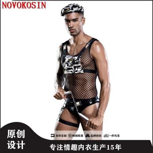 US Army Men Camouflage Fish Net Patchwork Bodysuit Sexy Cosplay Costume America Policemen Night Club Perform PU Panties With Hat