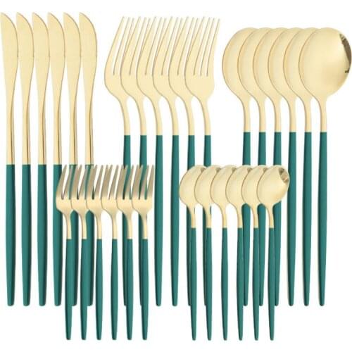 Green Gold Cutlery Set Stainless Steel Dinnerware Set 30Pcs Western Knives Forks Coffee Spoons Flatware Set Kitchen Dinner Set