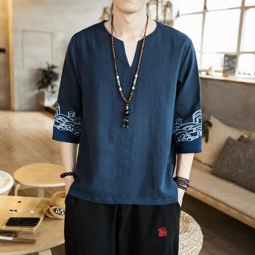 New Plus Size M-5XL Blue Cotton Linen Embroidery Han Fu Summer Traditional Chinese Clothing Style Orient Tang Hanfu for Men Tops
