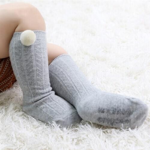 Spring Casual Socks Baby Cute Solid Color Plush Ball Cotton Dark Pattern Small Socks Anti Slip Knit Boy Girl Foot Warmer