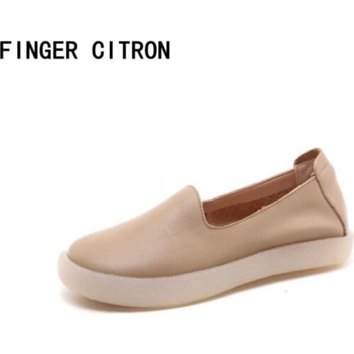 Finger Citron Women Casual Shoes Genuine Cow Leather Round Toe Rubber Outsole Soft Comfortable By Handmade Lady Style Size:35-42