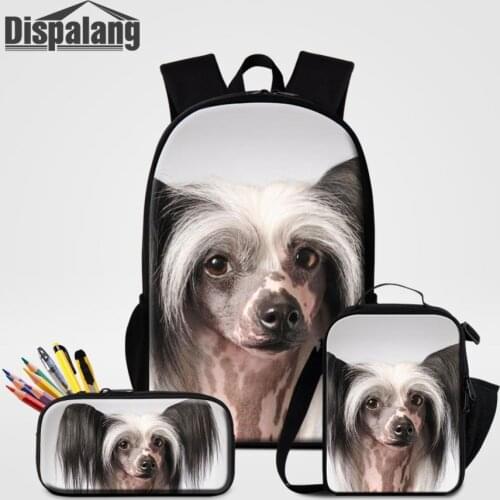 Dispalang Chinese Crested Dog Pattern School Backpack Travel Bagpack 3pcs/set Pet Dog Prints Kids Bookbag Cooler Bag Pencil Case