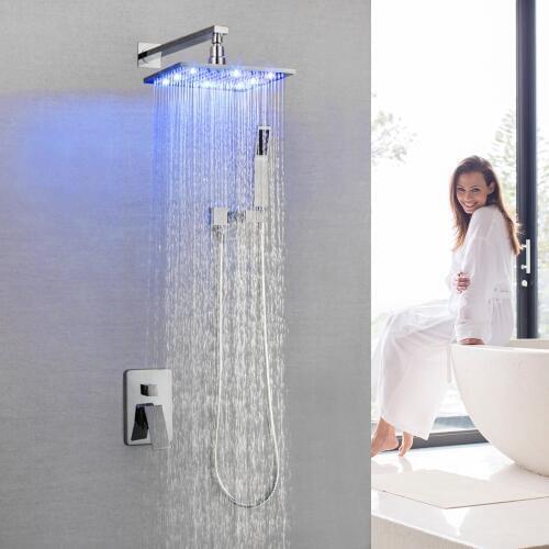 SKOWLL Polished Chrome Rainfall Shower System LED Light Bathroom Shower Faucet Mixer Shower Head Bath Taps Shower Set SK-7616