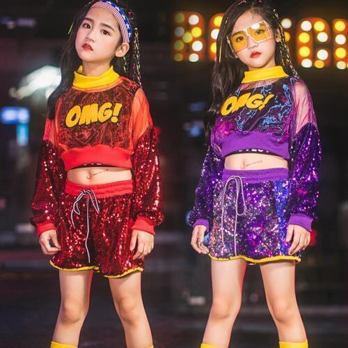 ChildrenS Jazz Dance Costumes Girls Sequins Modern Cheerleading Clothes Kids Hip Hop Street Dance Costumes 3 Pieces Set DWY2019