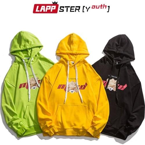 LAPPSTER-Youth Men Bear Harajuku Oversized Hooded Hoodie 2021 Mens Japanese Streetwear Vintage Sweatshirts Man Kawaii Sweatshirt