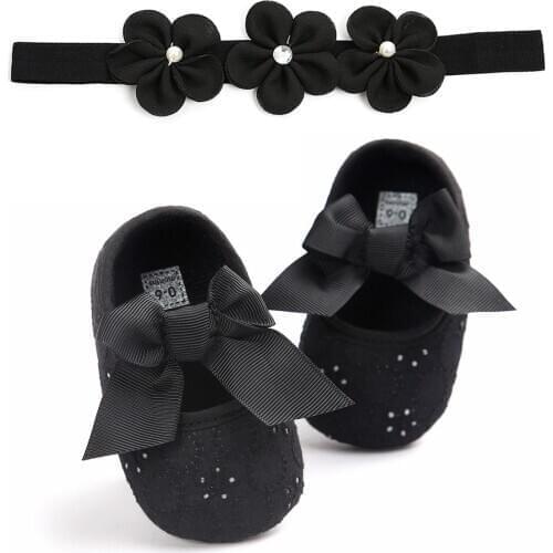 Newborn Baby Prewalker Soft Bottom Anti-slip Shoes Footwear Classic Princess Girl Crib Bowknot Shoes And Handband Accessories