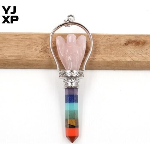 YJXP Silver Plated Rose Pink Quartz Angel with Colorful Hexagon Column Pendant Vintage Jewelry