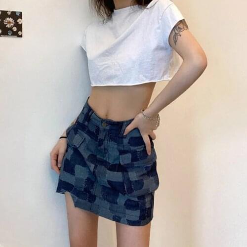 Punk Women A-line Irregular Spliced Skirts Denim Korean Fashion Lady Mini Skirt Pocket Zipper Empire Y2k Harajuku Lining Clothes