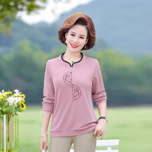 Embroidery Spring Fall Women Bottom Shirt Middle Aged Long Sleeve T Shirts Plus Size 5XL Elegant Mother Pullover Tops
