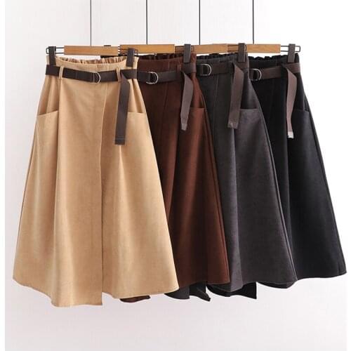 2021 Spring Autumn Women Korean Style Fashion Black Female Elastic Waist Midi Skirt with Belt Irregular High Waist Skirts Khaki