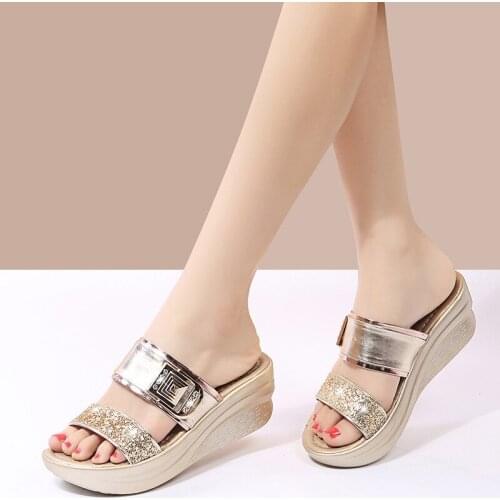 Women Bling Slipper Ladies PU Leather Wedges Flat Shoes Female Casual Sandals Comfortable Platform Woman Outside Shoes