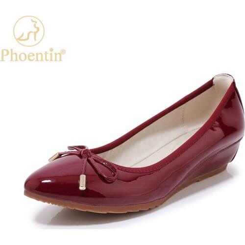 Phoentin Elegant Womens pointed toe wedge pumps soft patent leather mid heel shoes new autumn slip on shallow shoses FT1689