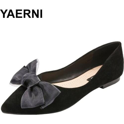 YAERNIhigh quality suede flat shoes woman lace bow knot ballet flats new spring shallow mouth OL shoes 41 42 big size loafers