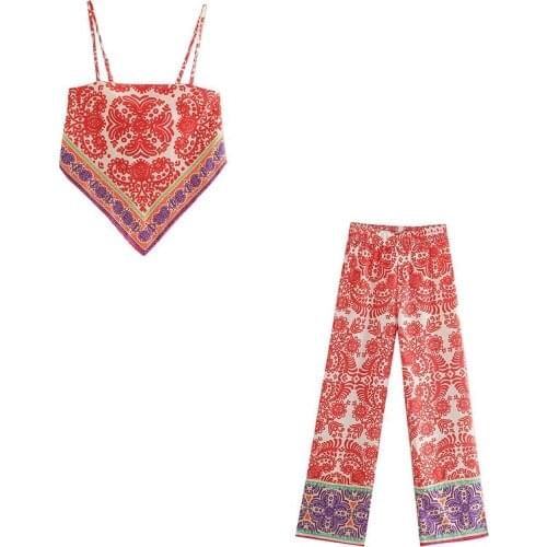 DYLQFS Women 2021 New Summer Two-Piece Set Vintage Print Slim Tank Top Female Streetwear Elastic High Waist Trousers Pants Set