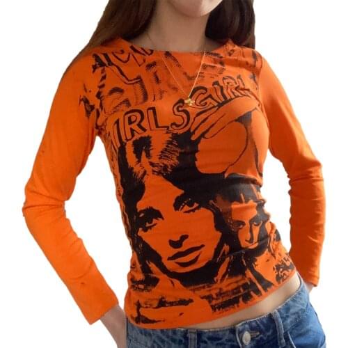 Y2K Female Crop Tops Letters Human Face Print O-Neck Long Sleeve T-Shirt for Spring Summer, Green/White/Pink/Orange