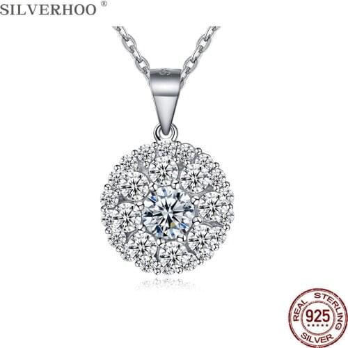 SILVERHOO 925 Sterling Silver Necklace For Women Round Spin Pendant Necklaces 5A+ Cubic Zirconia Classic Party Fine Jewelry Best