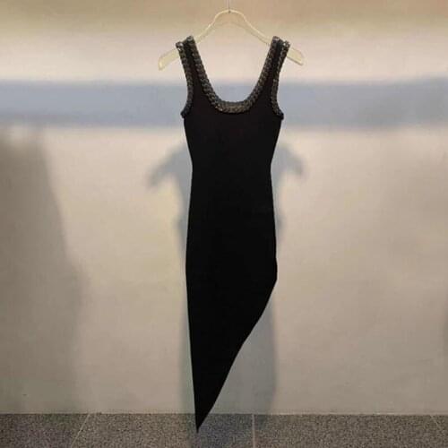 New arrival spring summer sleeveless knitted dress wome metal chain square collar slim party dress